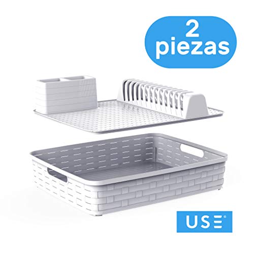 USE Family Bamboo/Escurridor Platos de plástico reciclable Libre BPA con Bandeja Agua Anti- Goteo/Escurreplatos/Escurridor de Platos y Vasos de Cocina/