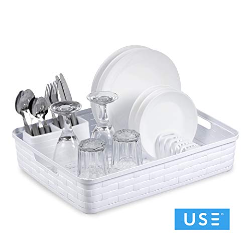 USE Family Bamboo/Escurridor Platos de plástico reciclable Libre BPA con Bandeja Agua Anti- Goteo/Escurreplatos/Escurridor de Platos y Vasos de Cocina/