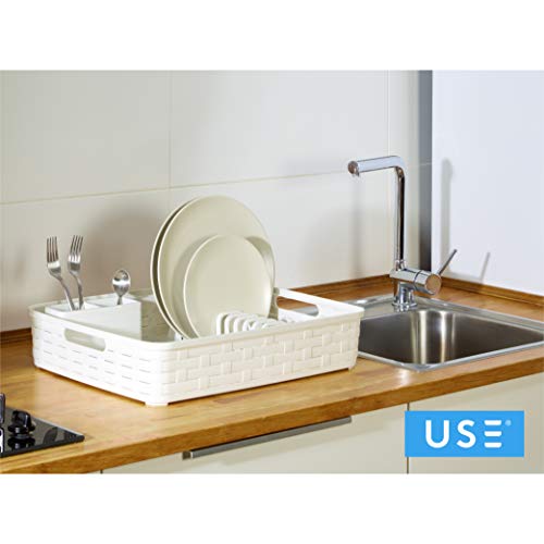 USE Family Bamboo/Escurridor Platos de plástico reciclable Libre BPA con Bandeja Agua Anti- Goteo/Escurreplatos/Escurridor de Platos y Vasos de Cocina/