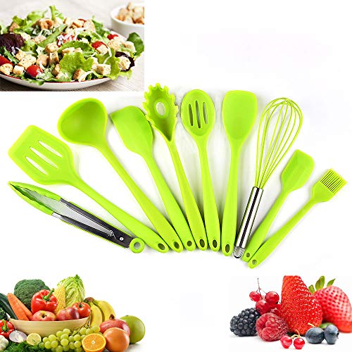 Utensilios Cocina de Silicona 10 Piezas, Juego de Cocina Resistente al Calor, pinzas, batidor Silicona, Cepillo, Espátulas, Cuchara Ranurada, Cucharas de Cocina, Paleta de Arroz.