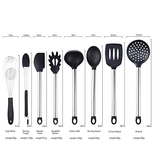 Utensilios Cocina de Silicona 9 Piezas - Espátula Ranurada, Cucharón de Sopa, Cucharas Sólidas, Servidor de Pasta, Servir Pinzas, Batidor, Skimmer, Espátula, Porta Utensilios.