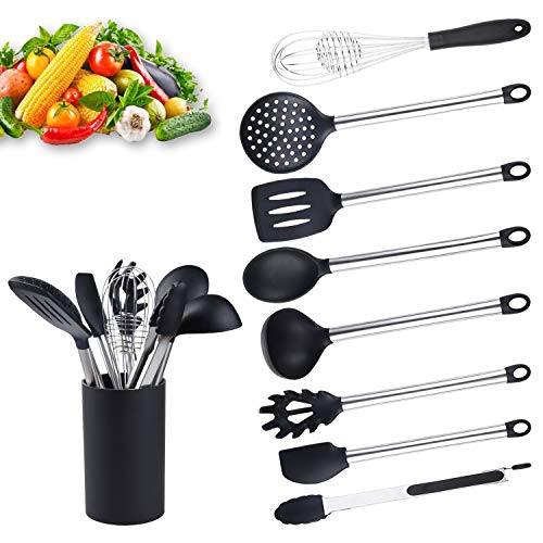 Utensilios Cocina de Silicona 9 Piezas - Espátula Ranurada, Cucharón de Sopa, Cucharas Sólidas, Servidor de Pasta, Servir Pinzas, Batidor, Skimmer, Espátula, Porta Utensilios.