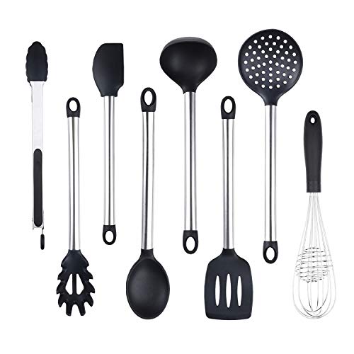 Utensilios Cocina de Silicona 9 Piezas - Espátula Ranurada, Cucharón de Sopa, Cucharas Sólidas, Servidor de Pasta, Servir Pinzas, Batidor, Skimmer, Espátula, Porta Utensilios.