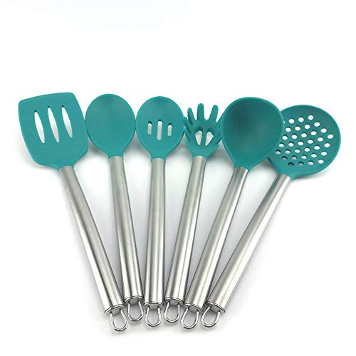 utensilios cocina,Acero inoxidable, utensilios de cocina de silicona, juego de 6, sartén ecológica, no tóxica, antiadherente, resistente a altas temperaturas, pala cuchara de cocina,