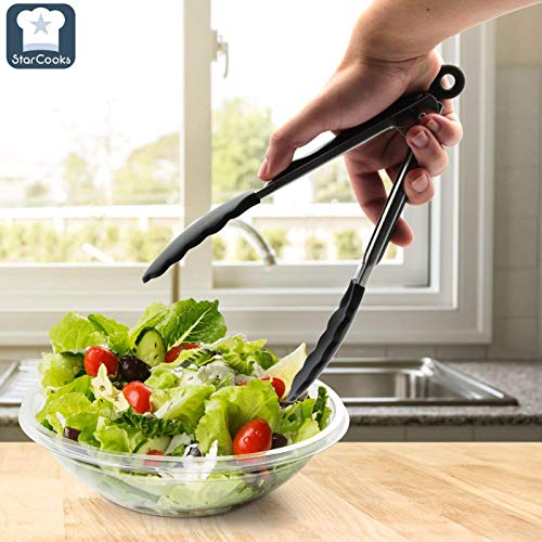 Utensilios de cocina de silicona (juego de 11), resistentes al calor, antiadherentes; incluye: Espátula, cuchara con ranuras, cuchara, tenedor de pasta, pinzas, volteador, batidor, cucharón (negro)