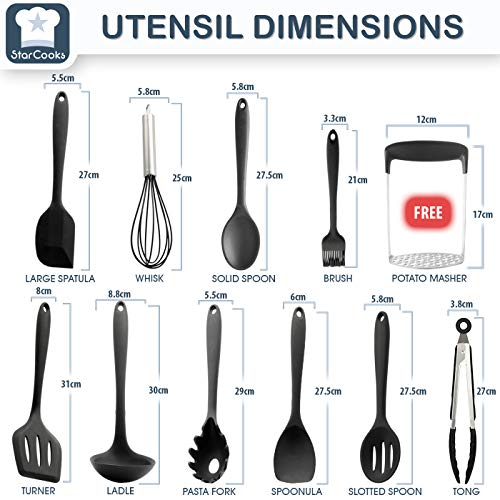 Utensilios de cocina de silicona (juego de 11), resistentes al calor, antiadherentes; incluye: Espátula, cuchara con ranuras, cuchara, tenedor de pasta, pinzas, volteador, batidor, cucharón (negro)