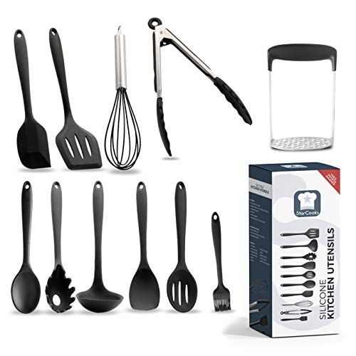 Utensilios de cocina de silicona (juego de 11), resistentes al calor, antiadherentes; incluye: Espátula, cuchara con ranuras, cuchara, tenedor de pasta, pinzas, volteador, batidor, cucharón (negro)