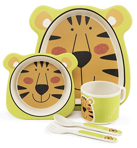Vajilla Bambu Infantil ♻ Vajilla Fibra de Bambú Niños y Bebés 5 Piezas - Material Ecologico, Reciclable - Apto para Lavavajillas - Pack Eco, Bio, sin BPA (Bamboo) - Con Plato, Tazon, Vaso y Cubiertos
