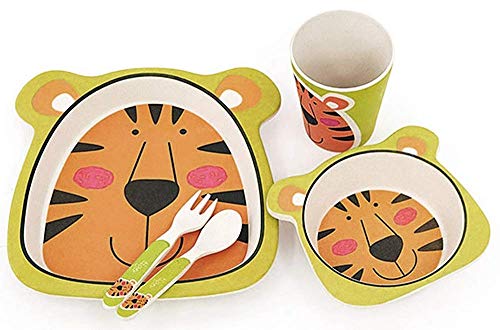 Vajilla Bambu Infantil ♻ Vajilla Fibra de Bambú Niños y Bebés 5 Piezas - Material Ecologico, Reciclable - Apto para Lavavajillas - Pack Eco, Bio, sin BPA (Bamboo) - Con Plato, Tazon, Vaso y Cubiertos