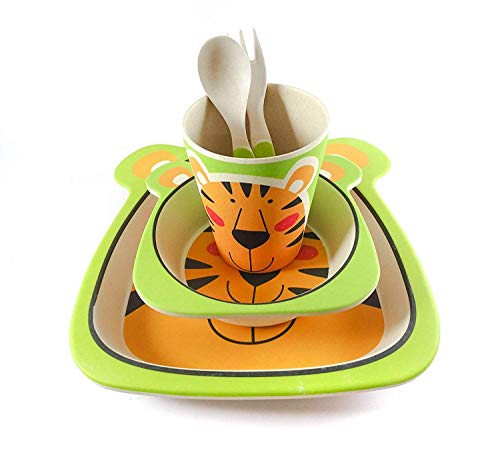 Vajilla Bambu Infantil ♻ Vajilla Fibra de Bambú Niños y Bebés 5 Piezas - Material Ecologico, Reciclable - Apto para Lavavajillas - Pack Eco, Bio, sin BPA (Bamboo) - Con Plato, Tazon, Vaso y Cubiertos