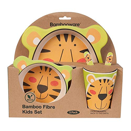 Vajilla Bambu Infantil ♻ Vajilla Fibra de Bambú Niños y Bebés 5 Piezas - Material Ecologico, Reciclable - Apto para Lavavajillas - Pack Eco, Bio, sin BPA (Bamboo) - Con Plato, Tazon, Vaso y Cubiertos