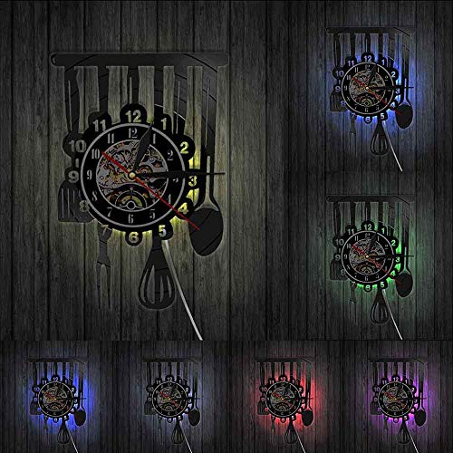 Vajilla casa de campo cocina arte logo reloj de pared comedor restaurante vajilla decoración de la pared electrodomésticos antiguos reloj de pared de disco de vinilo Con luz,Siete colores,12 inches