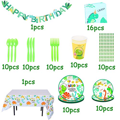 Vajilla de Dinosaurio Set, Cumpleaños De Dinosaurio Suministros De Fiesta Includes Servilletas Cubiertos Mantel Platos Copas Pajitas Utensilios Sirve a 10 Invitados