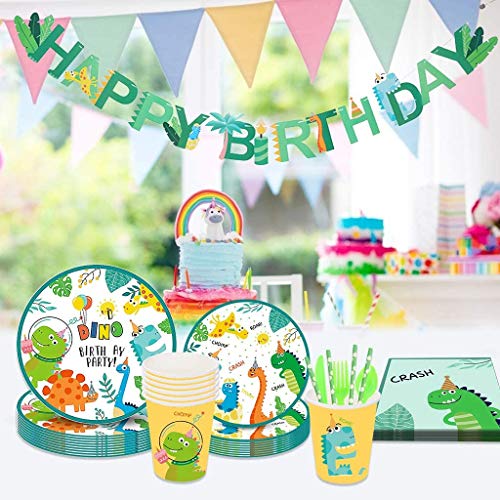 Vajilla de Dinosaurio Set, Cumpleaños De Dinosaurio Suministros De Fiesta Includes Servilletas Cubiertos Mantel Platos Copas Pajitas Utensilios Sirve a 10 Invitados