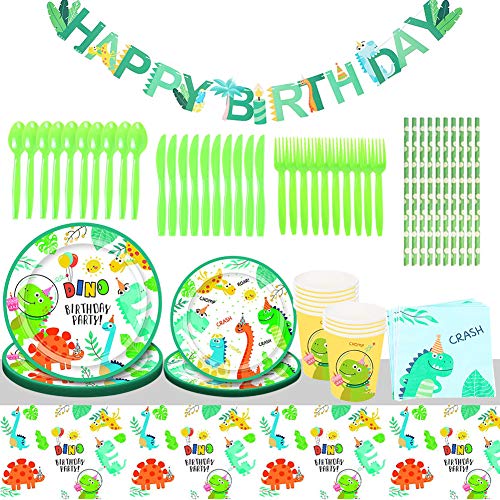 Vajilla de Dinosaurio Set, Cumpleaños De Dinosaurio Suministros De Fiesta Includes Servilletas Cubiertos Mantel Platos Copas Pajitas Utensilios Sirve a 10 Invitados