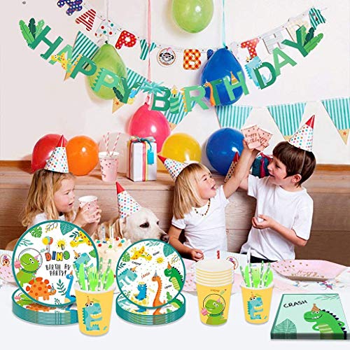 Vajilla de Dinosaurio Set, Cumpleaños De Dinosaurio Suministros De Fiesta Includes Servilletas Cubiertos Mantel Platos Copas Pajitas Utensilios Sirve a 10 Invitados