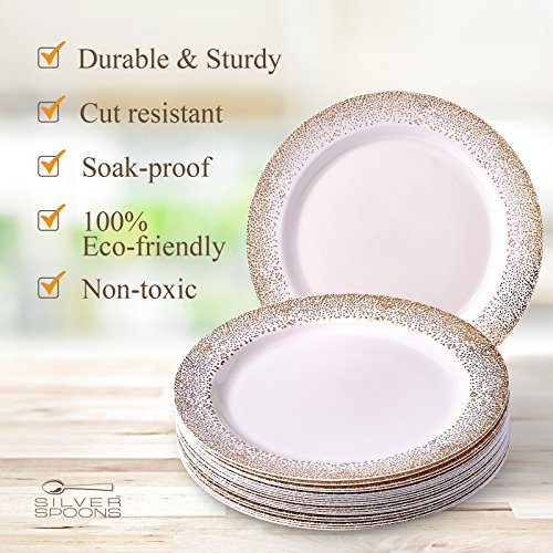 VAJILLA PARA FIESTAS DESECHABLE DE 20 PIEZAS | 20 platos de ensalada o postre| Platos de plástico resistente desechables | Para bodas y comidas de lujo | (Ocean Mist Collection - Blanco/Oro | 19 cm)