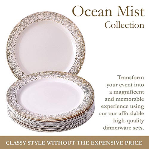 VAJILLA PARA FIESTAS DESECHABLE DE 20 PIEZAS | 20 platos de ensalada o postre| Platos de plástico resistente desechables | Para bodas y comidas de lujo | (Ocean Mist Collection - Blanco/Oro | 19 cm)