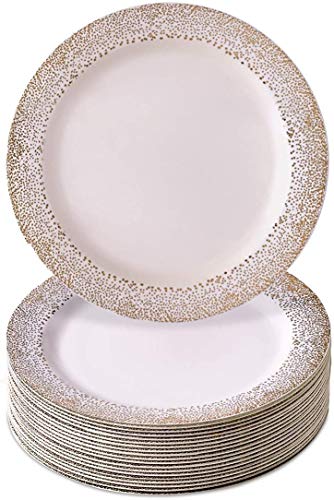 VAJILLA PARA FIESTAS DESECHABLE DE 20 PIEZAS | 20 platos de ensalada o postre| Platos de plástico resistente desechables | Para bodas y comidas de lujo | (Ocean Mist Collection - Blanco/Oro | 19 cm)