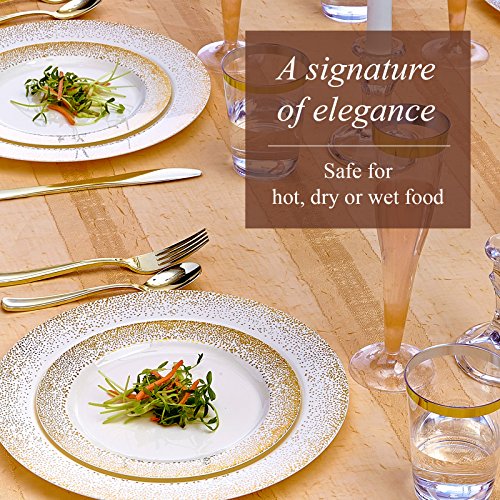 VAJILLA PARA FIESTAS DESECHABLE DE 20 PIEZAS | 20 platos de ensalada o postre| Platos de plástico resistente desechables | Para bodas y comidas de lujo | (Ocean Mist Collection - Blanco/Oro | 19 cm)