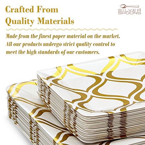 VAJILLA PARA FIESTAS DESECHABLE DE 36 PIEZAS | 18 platos grandes | 18 platos para postre | Platos de cartón resistente | Para bodas y comidas de lujo (Cuadrados de color oro metalizado - Moroccan)