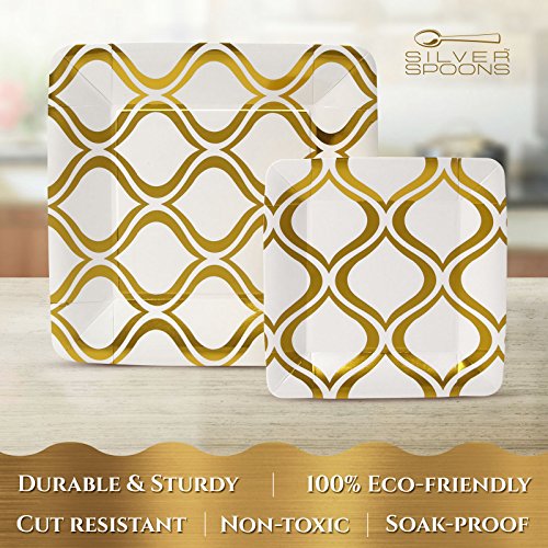 VAJILLA PARA FIESTAS DESECHABLE DE 36 PIEZAS | 18 platos grandes | 18 platos para postre | Platos de cartón resistente | Para bodas y comidas de lujo (Cuadrados de color oro metalizado - Moroccan)