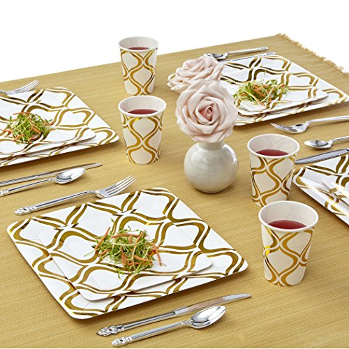VAJILLA PARA FIESTAS DESECHABLE DE 36 PIEZAS | 18 platos grandes | 18 platos para postre | Platos de cartón resistente | Para bodas y comidas de lujo (Cuadrados de color oro metalizado - Moroccan)