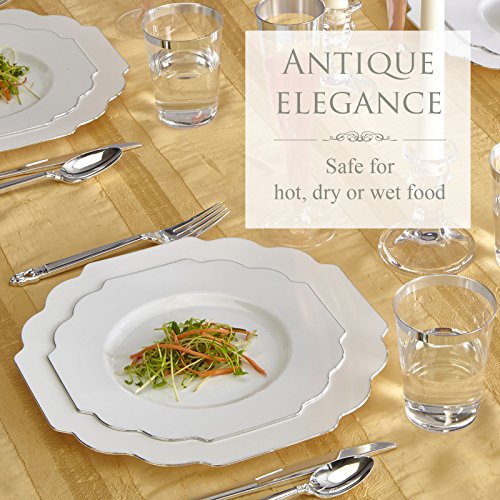 VAJILLA PARA FIESTAS DESECHABLE DE 40 PIEZAS | 20 platos grandes y 20 platos para ensalada o postre | Platos de plástico resistente | Elegante aspecto de porcelana fina (Baroque Collection – Blanco)