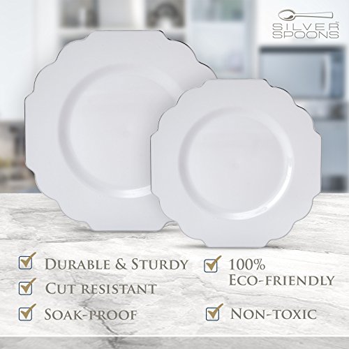 VAJILLA PARA FIESTAS DESECHABLE DE 40 PIEZAS | 20 platos grandes y 20 platos para ensalada o postre | Platos de plástico resistente | Elegante aspecto de porcelana fina (Baroque Collection – Blanco)