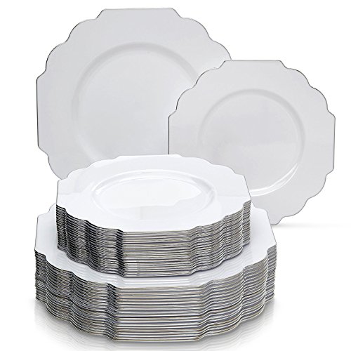 VAJILLA PARA FIESTAS DESECHABLE DE 40 PIEZAS | 20 platos grandes y 20 platos para ensalada o postre | Platos de plástico resistente | Elegante aspecto de porcelana fina (Baroque Collection – Blanco)