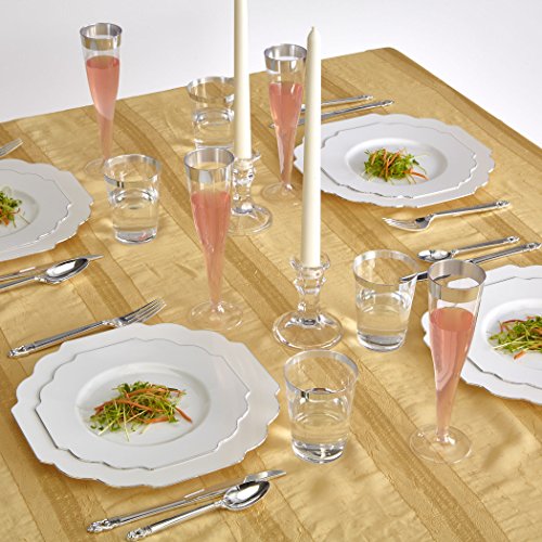 VAJILLA PARA FIESTAS DESECHABLE DE 40 PIEZAS | 20 platos grandes y 20 platos para ensalada o postre | Platos de plástico resistente | Elegante aspecto de porcelana fina (Baroque Collection – Blanco)