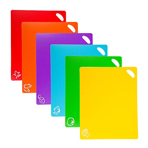 ValueHall Tablas de Cortar de Plástico 38 x 30cm Juego de Tableros de Corte Juego de 6 Tablas con Iconos de Alimentos y Asas de Fácil Agarre Antideslizante Juego de Tablas de Cortar V7093