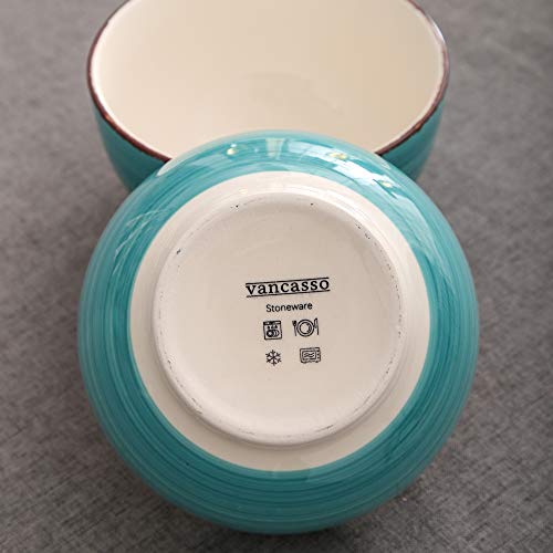 vancasso Serie Bella Juego de Cuencos de 4 Piezas 720ml Tazones para Cereales, Ramen, Ensalada, Sopa, Retro Bobina Pintado a Mano, Gres, Azul