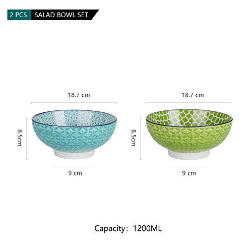 vancasso serie macaron Tazón Grande 2 piezas 1200ML Estilo Japonés Cuenco para Sopa, Frutas, Ensalada, Ramen Bowl Porcelana Patrón de Grabado Externo