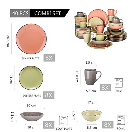 vancasso Serie Navia Jardin Vajillas de 40 pcs, Juego de Vajillas, Platos de Cena, Postre, Platod Hondos, Cuencos y Tazas, Esmaltada Gres Vajillas Retro para 8 Personas, 4 Colores