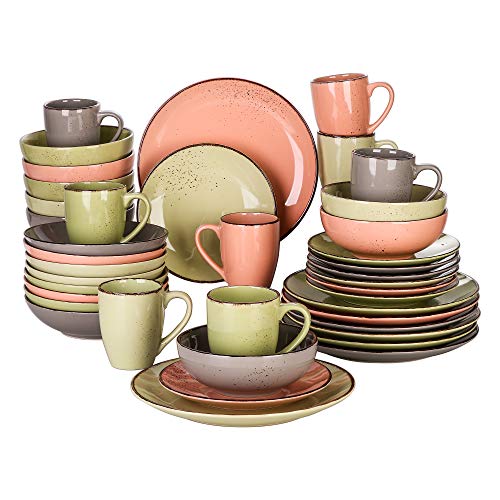 vancasso Serie Navia Jardin Vajillas de 40 pcs, Juego de Vajillas, Platos de Cena, Postre, Platod Hondos, Cuencos y Tazas, Esmaltada Gres Vajillas Retro para 8 Personas, 4 Colores