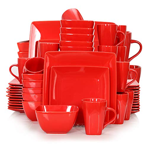 vancasso Serie Soho Juego de Vajillas Porcelana, Vajilla Cuadrada 48 Piezas Vajillas Completas Modernas para 12 Personas Rojo
