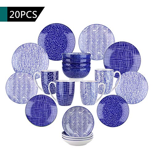 vancasso Serie Takaki Juego de Vajillas 20 Piezas Colores Porcelana Vajilla Combinacion con Tazas/Platos Combinacion Estilo Japones Azul