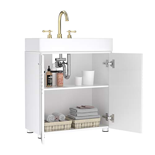 VASAGLE Armario Bajo Fregadero, Puerta Doble en el Suelo, Almacenamiento, con Estante Ajustable, Bisagras de Amortiguador, Pies Ajustables, 60 x 30 x 63 cm, Blanco BBK01WT