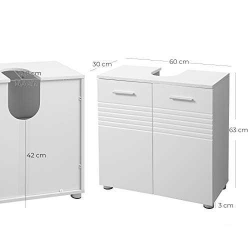 VASAGLE Armario Bajo Fregadero, Puerta Doble en el Suelo, Almacenamiento, con Estante Ajustable, Bisagras de Amortiguador, Pies Ajustables, 60 x 30 x 63 cm, Blanco BBK01WT