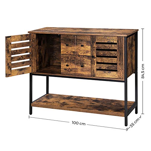VASAGLE Armario de Cocina, Aparador con 2 Compartimentos, 2 Cajones y 1 Estante, para Comedor, Sala de Estar, 100 x 35 x 84,5 cm, Estilo Industrial, Marrón Rústico y Negro LSC082B01