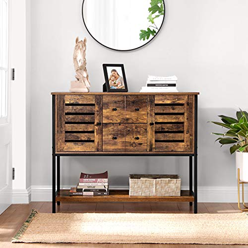 VASAGLE Armario de Cocina, Aparador con 2 Compartimentos, 2 Cajones y 1 Estante, para Comedor, Sala de Estar, 100 x 35 x 84,5 cm, Estilo Industrial, Marrón Rústico y Negro LSC082B01