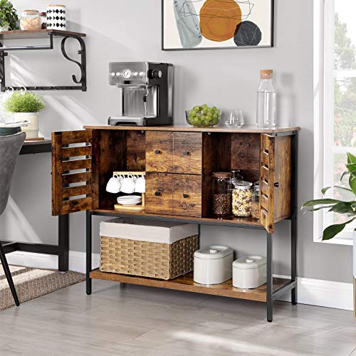 VASAGLE Armario de Cocina, Aparador con 2 Compartimentos, 2 Cajones y 1 Estante, para Comedor, Sala de Estar, 100 x 35 x 84,5 cm, Estilo Industrial, Marrón Rústico y Negro LSC082B01