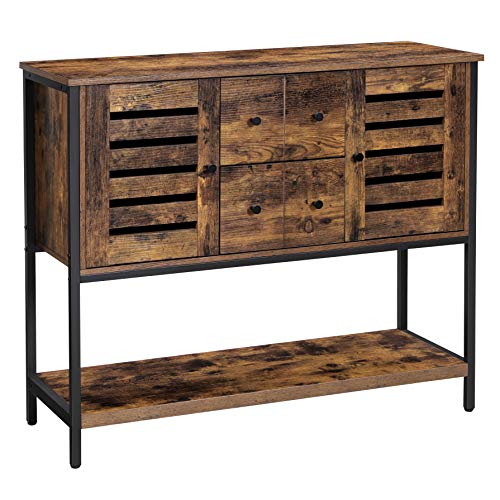 VASAGLE Armario de Cocina, Aparador con 2 Compartimentos, 2 Cajones y 1 Estante, para Comedor, Sala de Estar, 100 x 35 x 84,5 cm, Estilo Industrial, Marrón Rústico y Negro LSC082B01