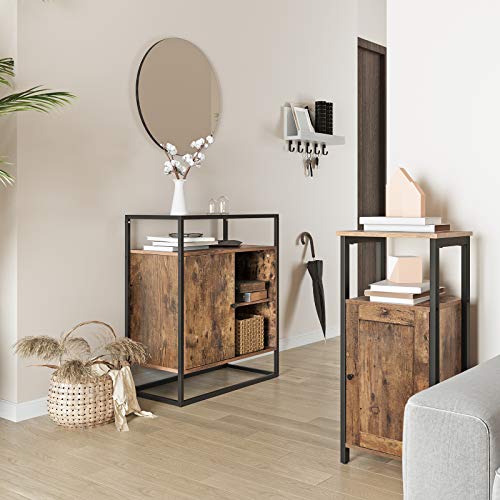 VASAGLE Armario de Pie, Armario de Almacenamiento del Comedor, Mesa de Consola con Tapa de Vidrio Templado, para Salón, Vestíbulo, Montaje Fácil, Estilo Industrial, Marrón Rústico LSC12BX