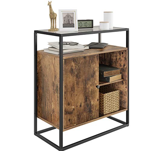 VASAGLE Armario de Pie, Armario de Almacenamiento del Comedor, Mesa de Consola con Tapa de Vidrio Templado, para Salón, Vestíbulo, Montaje Fácil, Estilo Industrial, Marrón Rústico LSC12BX