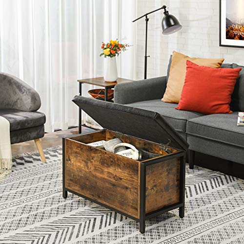 VASAGLE Banco con Cofre de Almacenamiento, Asiento Acolchado, Taburete de Cama, Dormitorio, Sala de Estar, Metal, Fácil Montaje, Diseño Industrial, Cuero Sintético, Marrón Rústico y Negro LSC80BX