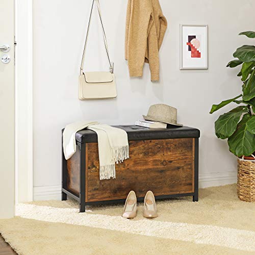 VASAGLE Banco con Cofre de Almacenamiento, Asiento Acolchado, Taburete de Cama, Dormitorio, Sala de Estar, Metal, Fácil Montaje, Diseño Industrial, Cuero Sintético, Marrón Rústico y Negro LSC80BX