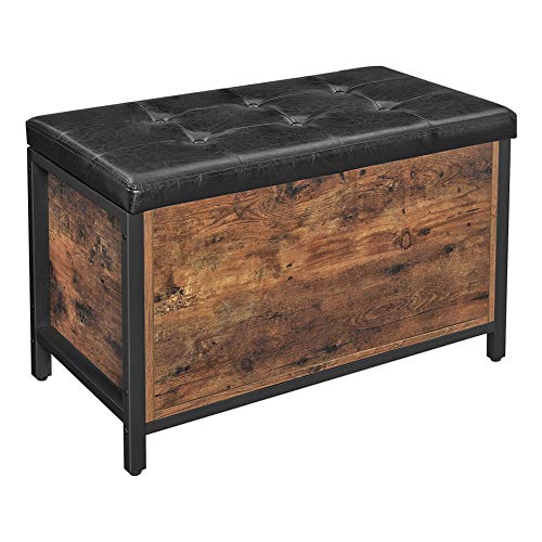 VASAGLE Banco con Cofre de Almacenamiento, Asiento Acolchado, Taburete de Cama, Dormitorio, Sala de Estar, Metal, Fácil Montaje, Diseño Industrial, Cuero Sintético, Marrón Rústico y Negro LSC80BX