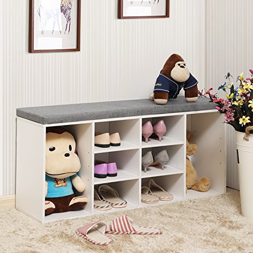 VASAGLE Banco para Zapatos, Repisa para Zapatos, Armario de Almacenamiento, 10 Compartimentos, con Cojín, para Entrada, 104 x 30 x 48 cm, Blanco LHS10WT